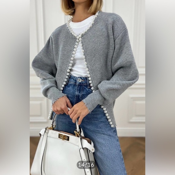 Commense Sweaters - Commense pearl trim ripped hem cardigan